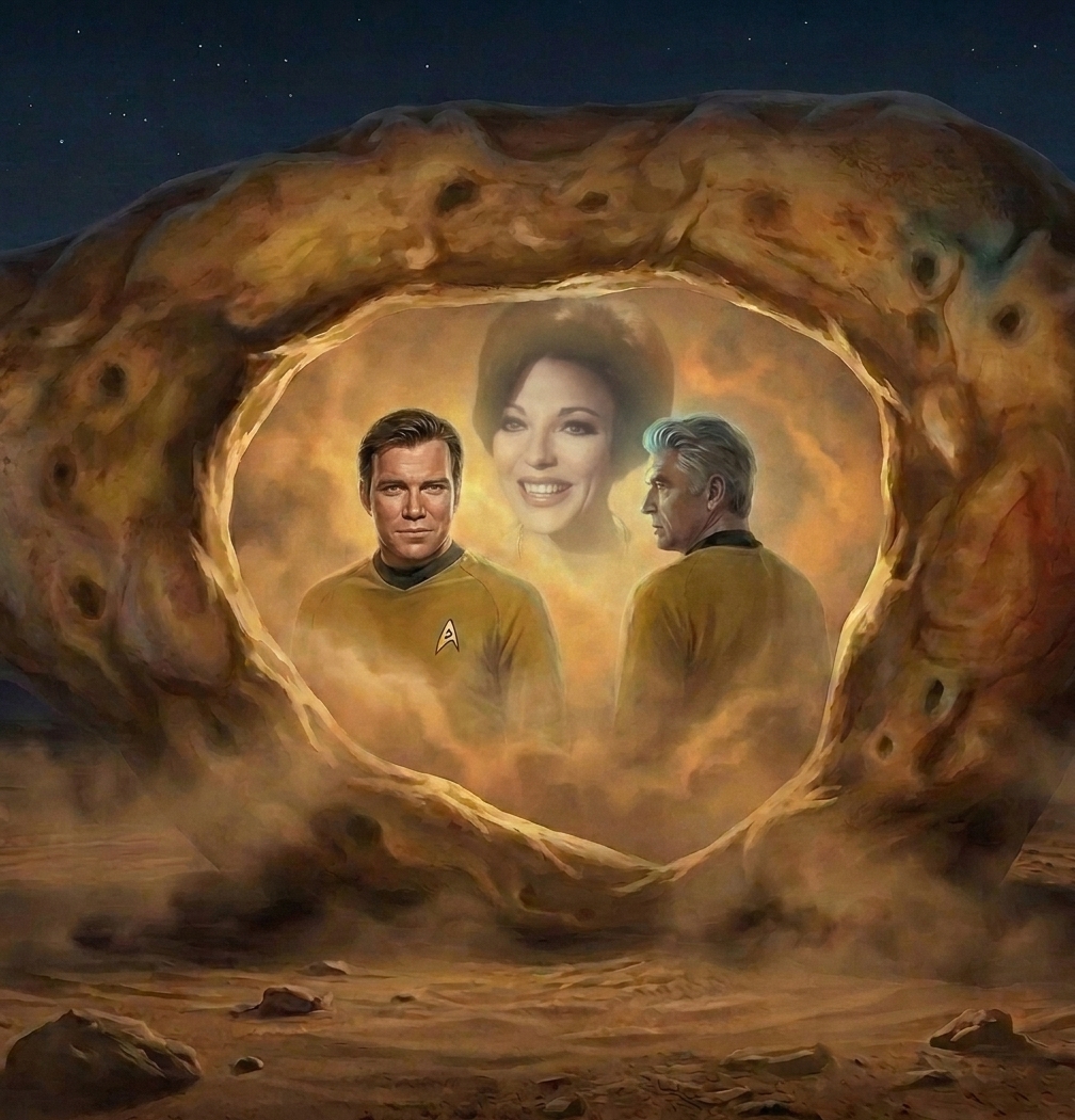 The Guardian: a ring of glowing stone on a barren plain; within its aperture, two starship captains stand turned from one another, while a woman in a 1930s coat watches from afar.